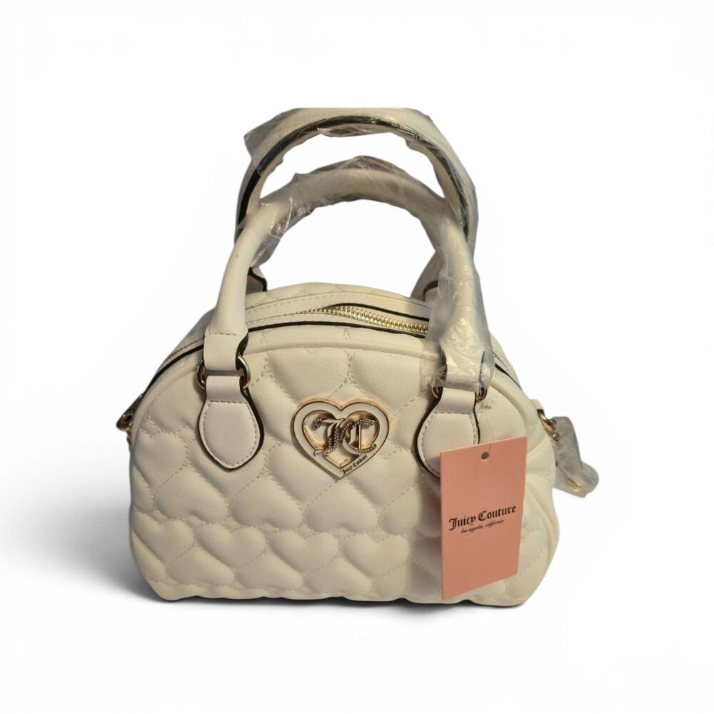 Juicy Couture Satchel Crossbody White Quilted Hearts Goldtone Metal Accents NEW